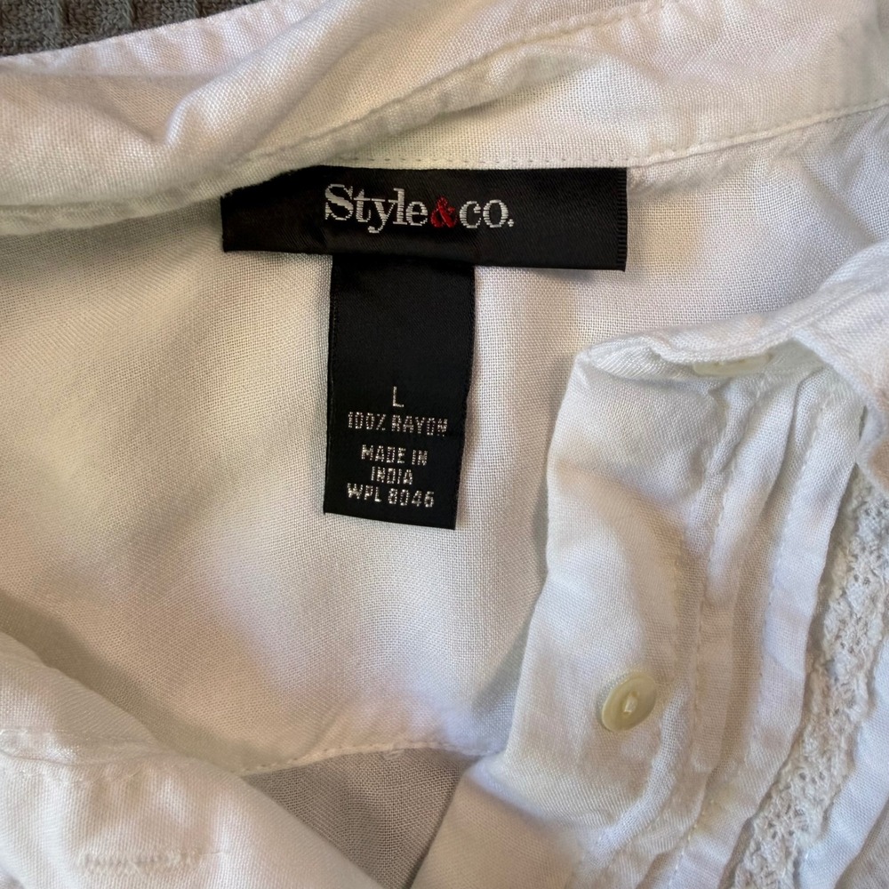 Style & Co Womens White Tiered Pintuck Lace Rayon Tunic Blouse Large Roll Tab L - Picture 6 of 6